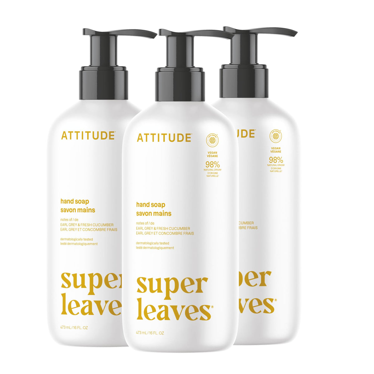 ATTITUDE liquid hand soap bottle, showing a clean vegan formula for daily hand care.