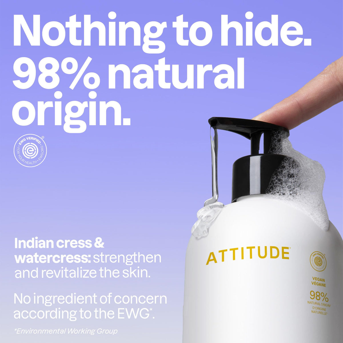 Close-up of ATTITUDE liquid hand soap lather highlighting rich foam for gentle cleansing.