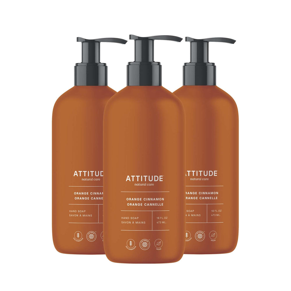 ATTITUDE orange cinnamon hand soap bottle with festive scent for daily use