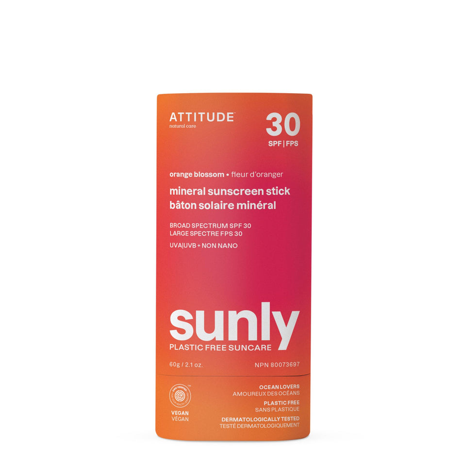 ATTITUDE Mineral Sunscreen Stick orange blossom packaging highlights plastic-free, eco-friendly design.