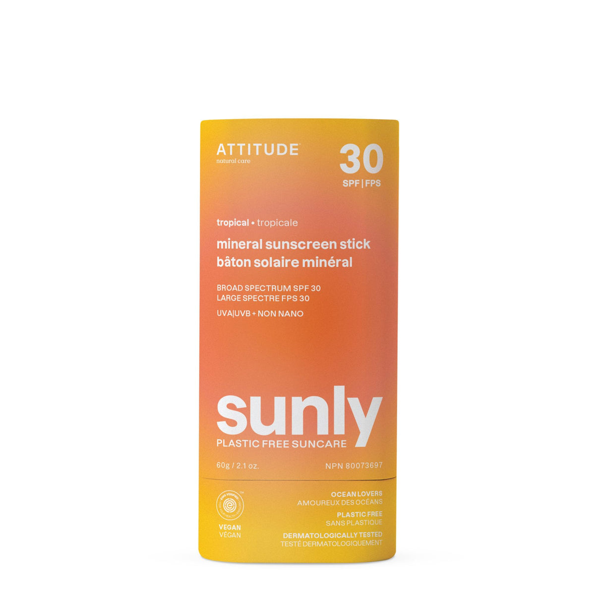 ATTITUDE mineral sunscreen stick packaging shows clean ingredients for everyday protection
