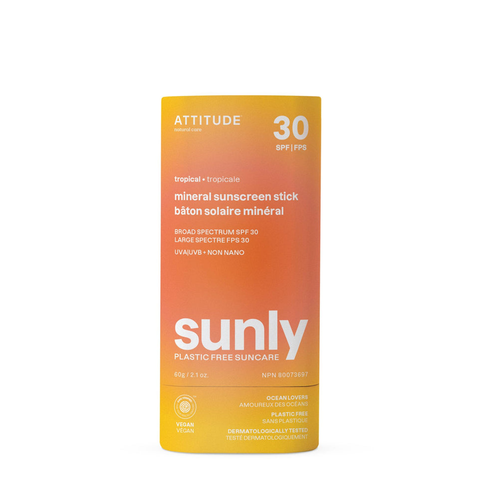 ATTITUDE mineral sunscreen stick packaging shows clean ingredients for everyday protection