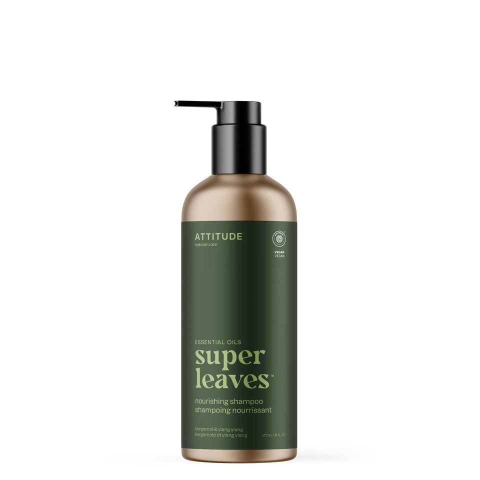 ATTITUDE Nourishing Shampoo Bergamot Ylang Ylang bottle shows clean, plant-based moisture for dry hair