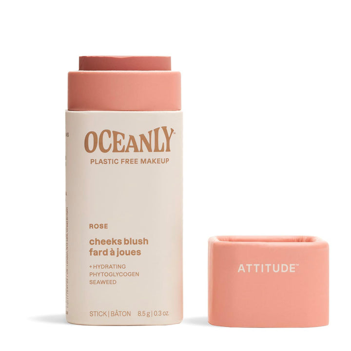 ATTITUDE Oceanly blush stick Rose application shows creamy blendable color for natural glow