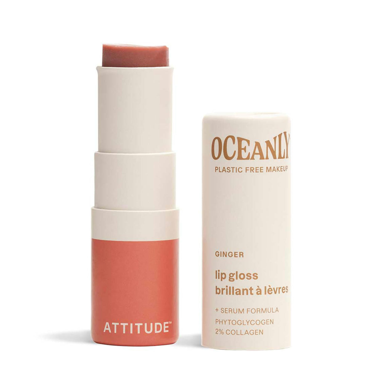 ATTITUDE Oceanly Ginger lip gloss on lips with hydrating balm shine.