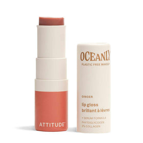 ATTITUDE Oceanly Ginger lip gloss on lips with hydrating balm shine.