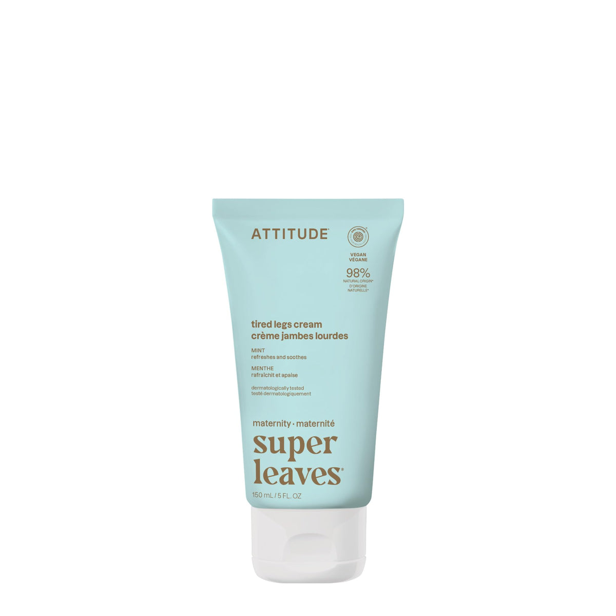 ATTITUDE Pregnancy Tired Legs Cream packaging shows a clean, eco-friendly bottle that hydrates skin.