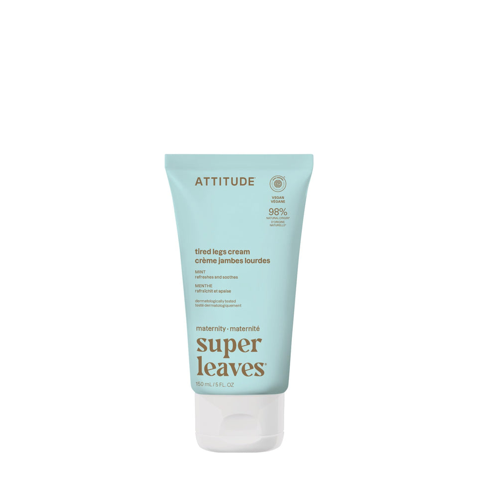 ATTITUDE Pregnancy Tired Legs Cream packaging shows a clean, eco-friendly bottle that hydrates skin.