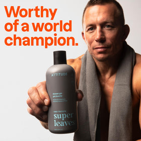ATTITUDE Shower Gel pour action—smooth pour with invigorating eucalyptus-sage scent.