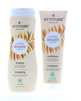 ATTITUDE Super Leaves bundle packaging highlighting volume and shine benefits.