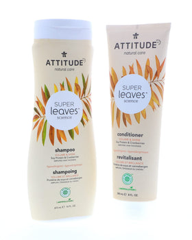 ATTITUDE Super Leaves Conditioner bottle delivering smooth, glossy locks.
