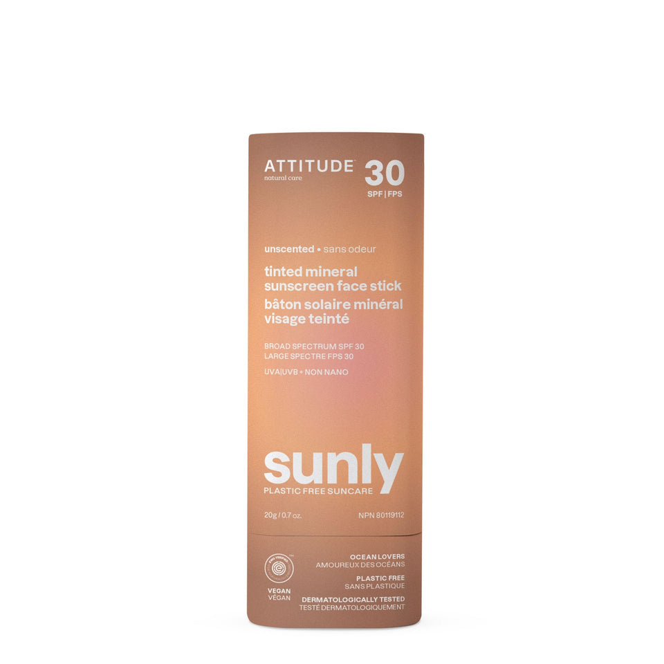 ATTITUDE Tinted Mineral Sunscreen Face Stick packaging showcases plastic-free design.