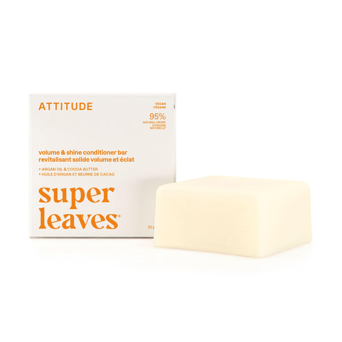 ATTITUDE Volume & Shine conditioner bar packshot showing plastic-free packaging and vegan formula