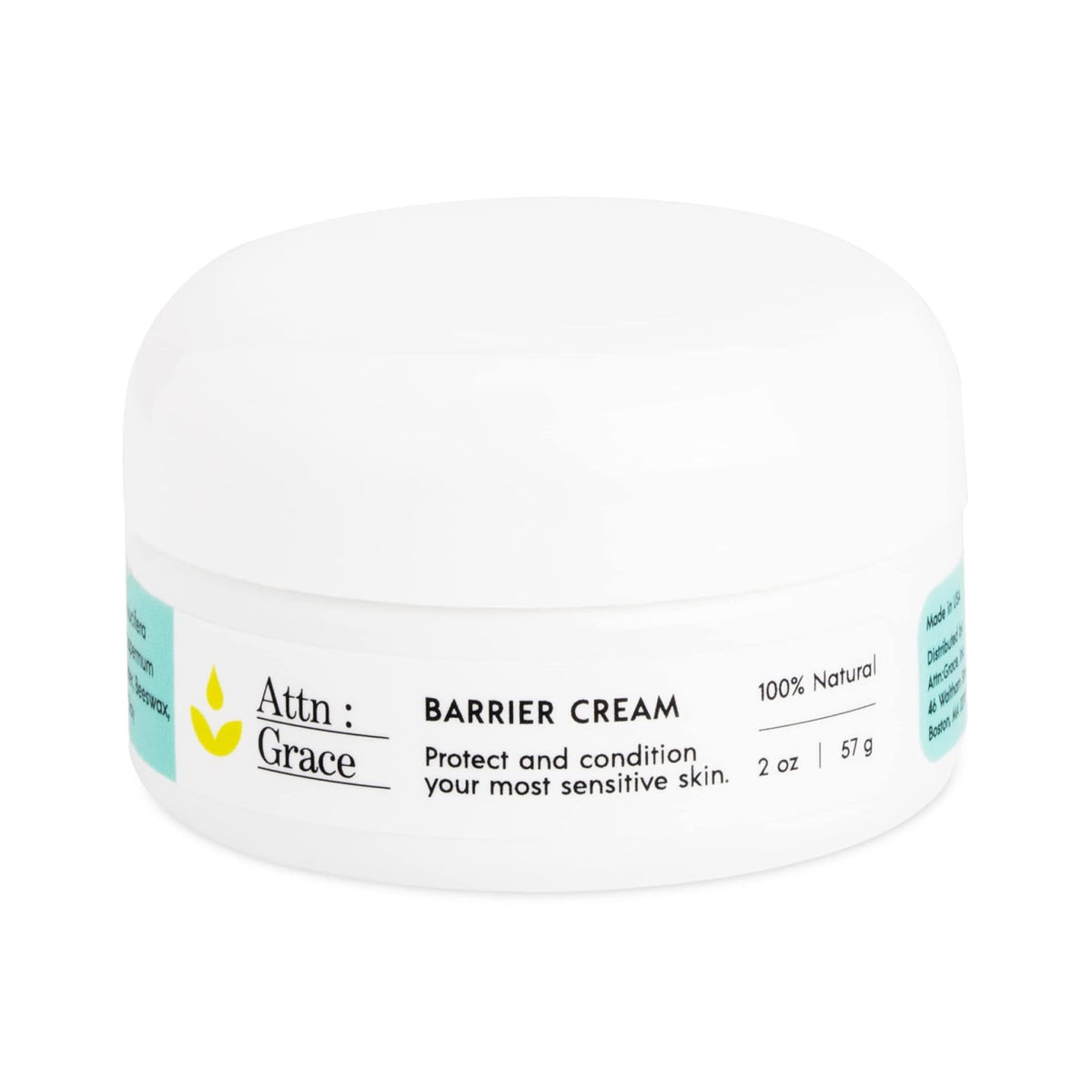 ATTN : GRACE Barrier Cream jar close-up shows rich texture for dry skin relief.