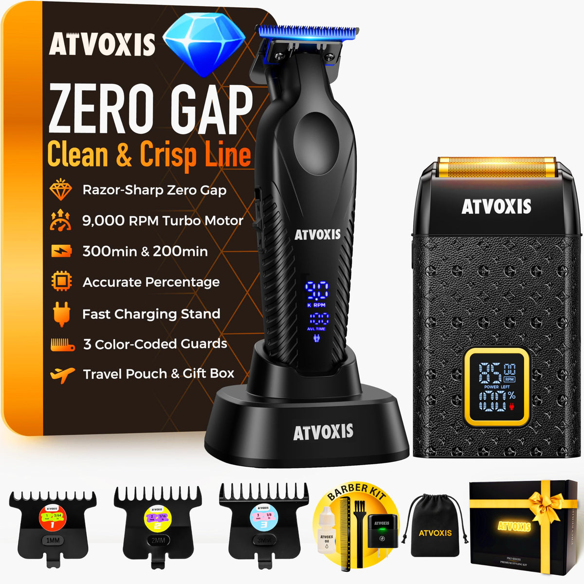 ATVOXIS 9000RPM trimmer with razor-sharp T-blade for ultra-close grooming