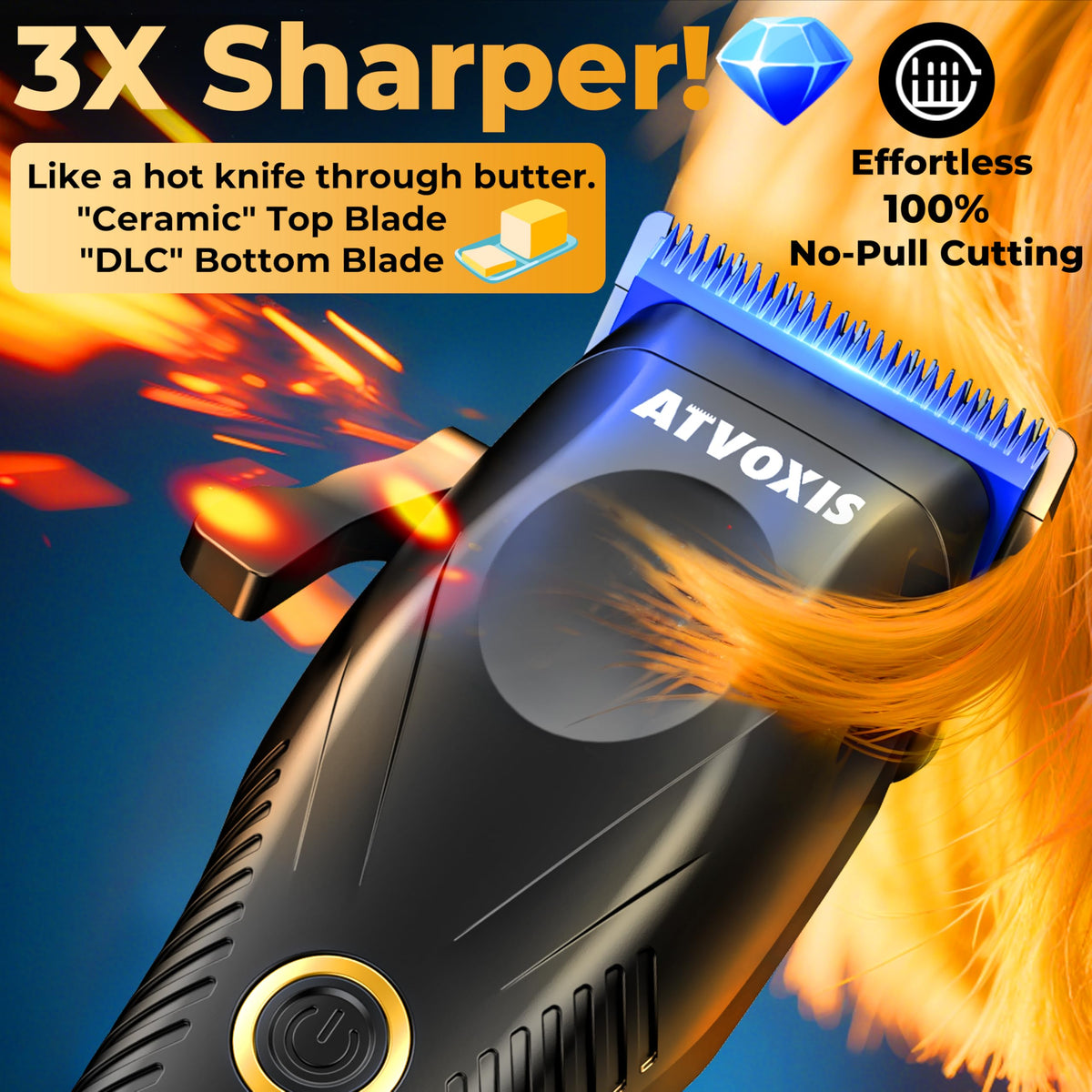 ATVOXIS DLC ceramic blades ensure ultra-sharp performance on thick hair.