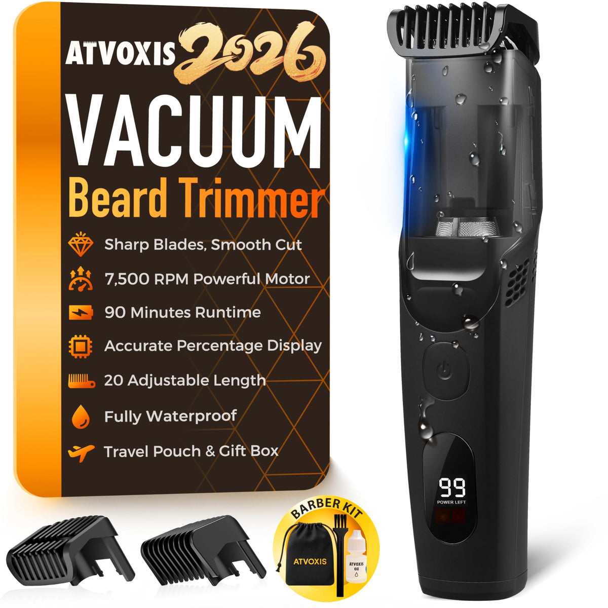 ATVOXIS vacuum beard trimmer front view with built in vacuum for mess free grooming