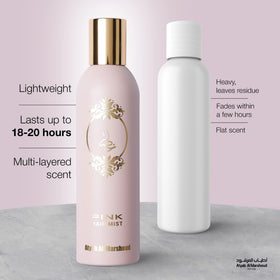 ATYAB AL MARSHOUD Pink Khisla Hair Mist bottle reflected on a surface.