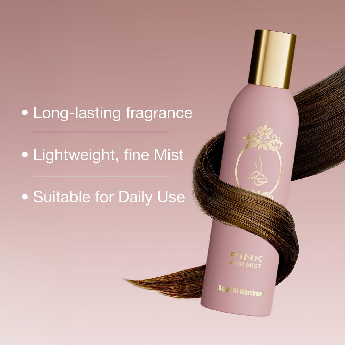 ATYAB AL MARSHOUD Pink Khisla Hair Mist spray for elegant packaging design.
