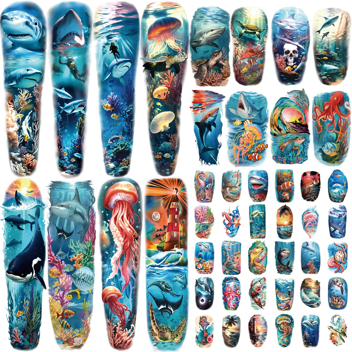 ATYDKUG 46 temporary tattoos with full-arm sharks and dolphins for bold ocean-inspired looks.