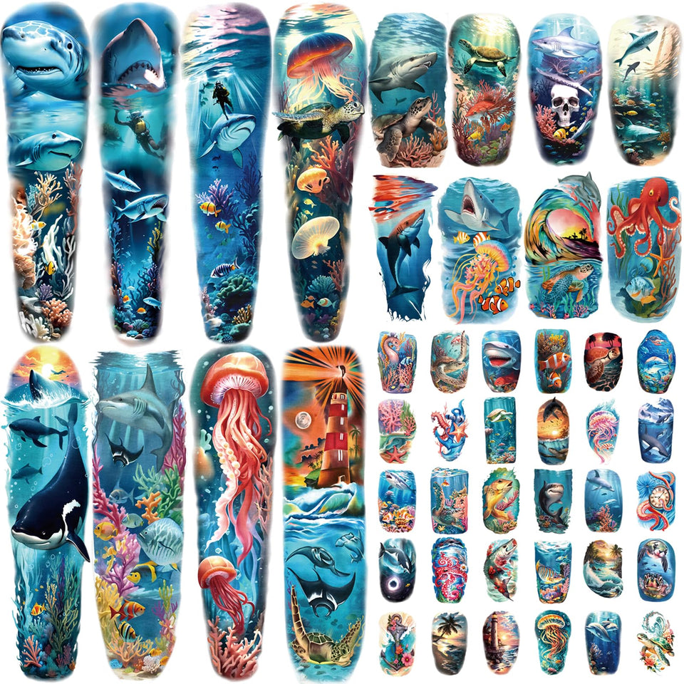 ATYDKUG 46 temporary tattoos with full-arm sharks and dolphins for bold ocean-inspired looks.