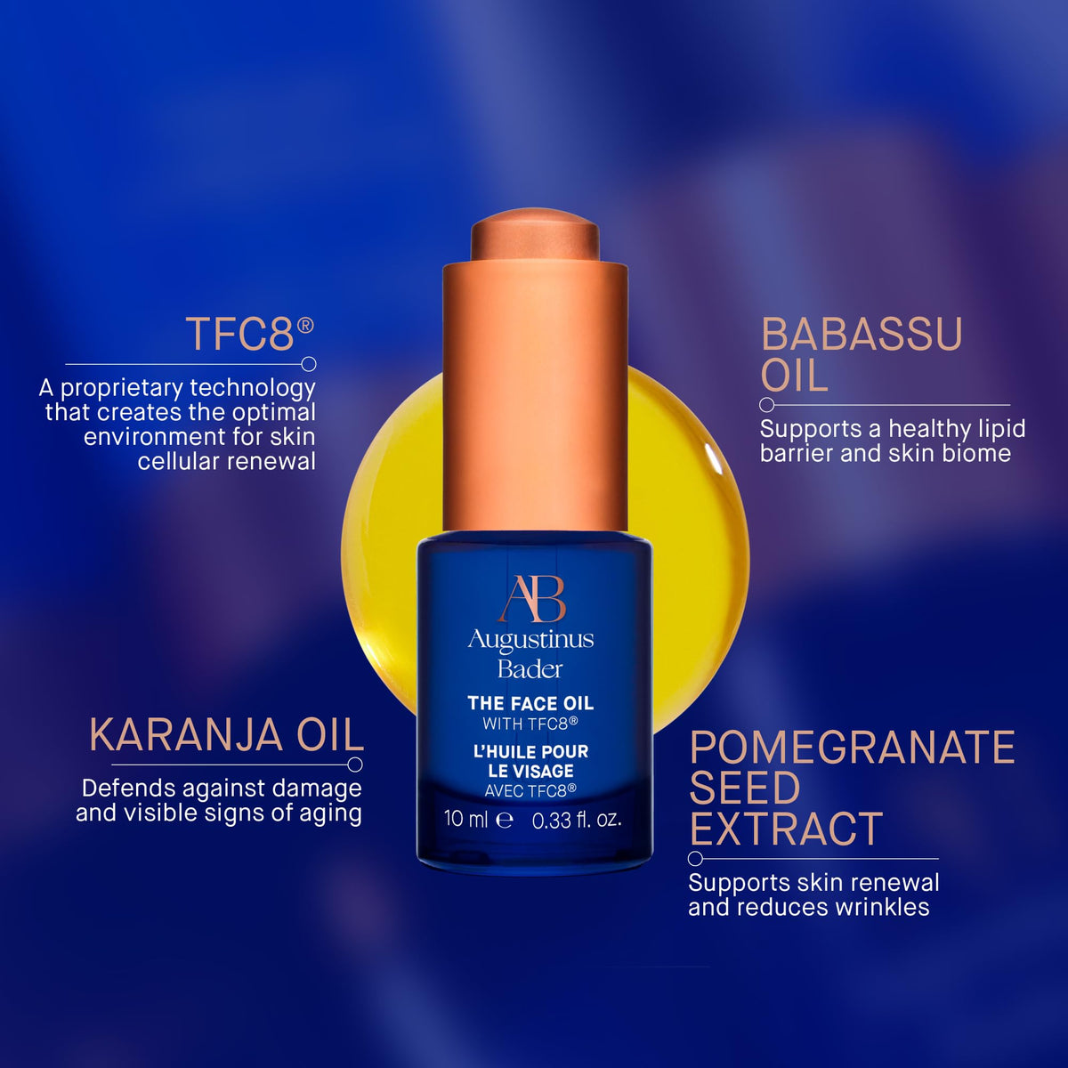 Recyclable glass bottle packaging for Augustinus Bader The Face Oil.