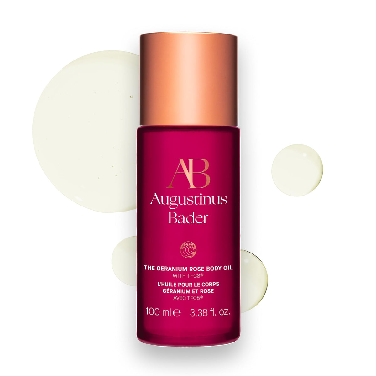 Augustinus Bader Geranium Rose Body Oil bottle for silky skin and quick absorption.