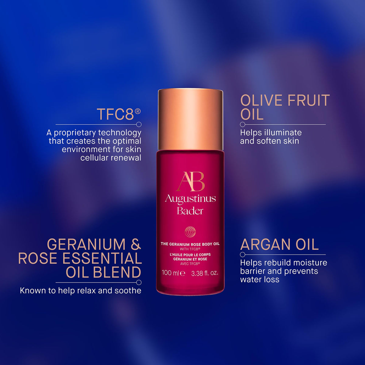 Hand applying Geranium Rose Body Oil to skin for nourished softness.