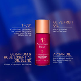 Hand applying Geranium Rose Body Oil to skin for nourished softness.