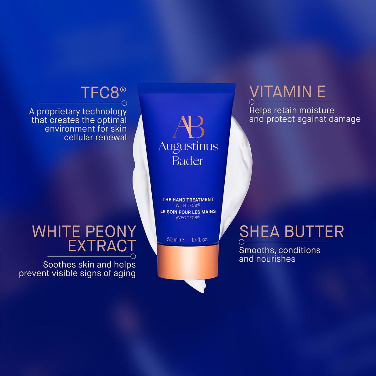 Close-up of Augustinus Bader The Hand Treatment cream texture showing quick absorption.
