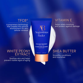 Close-up of Augustinus Bader The Hand Treatment cream texture showing quick absorption.