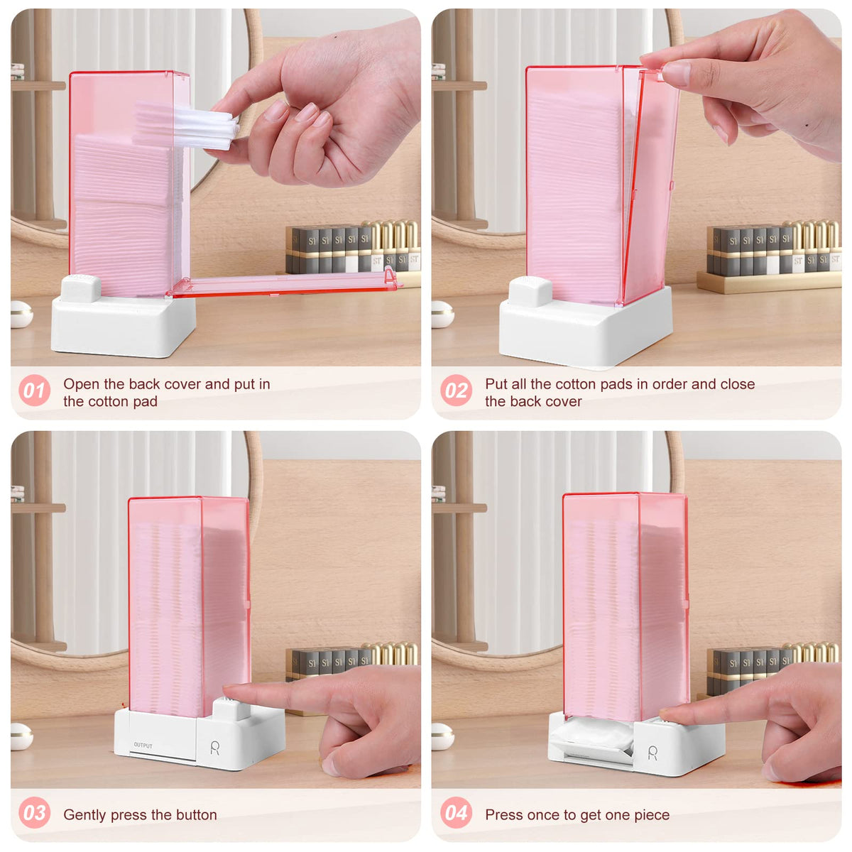 Aukiron pink dispenser action view with one-press access to pads