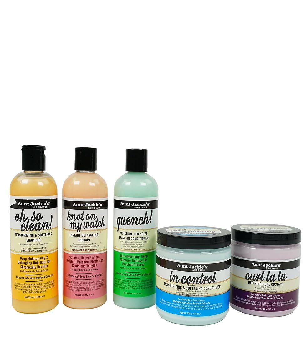 Aunt Jackie's Curls & Coils bundle shows all five products for hydrated, defined curls.