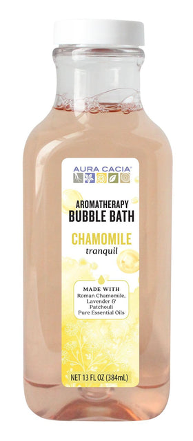 Aura Cacia Chamomile Bubble Bath bottle for a calming bath time ritual