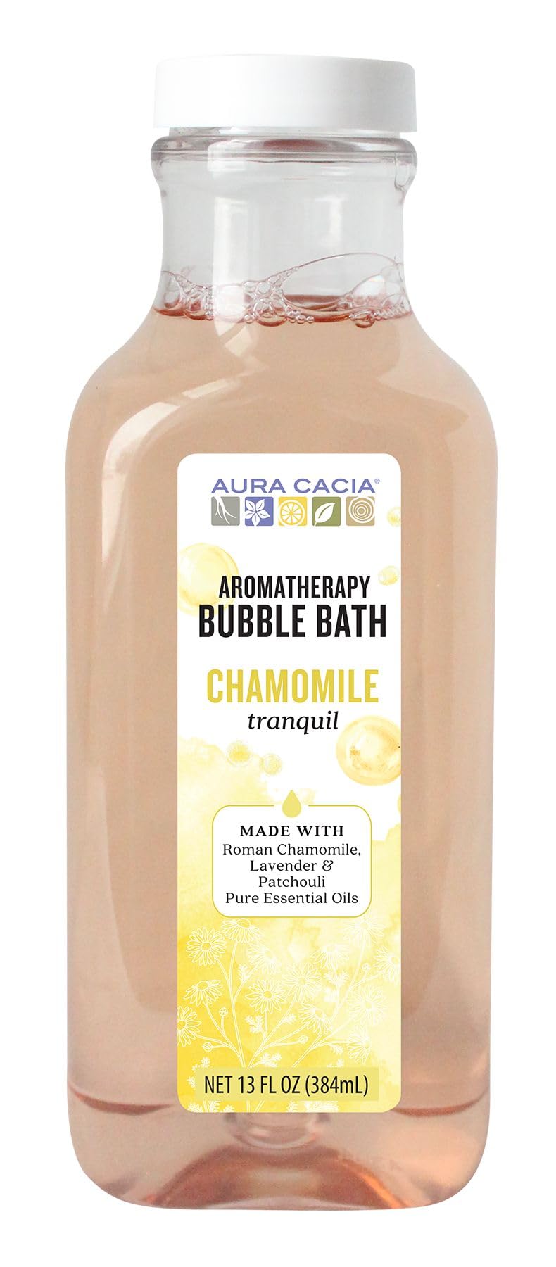 Aura Cacia Chamomile Bubble Bath bottle for a calming bath time ritual