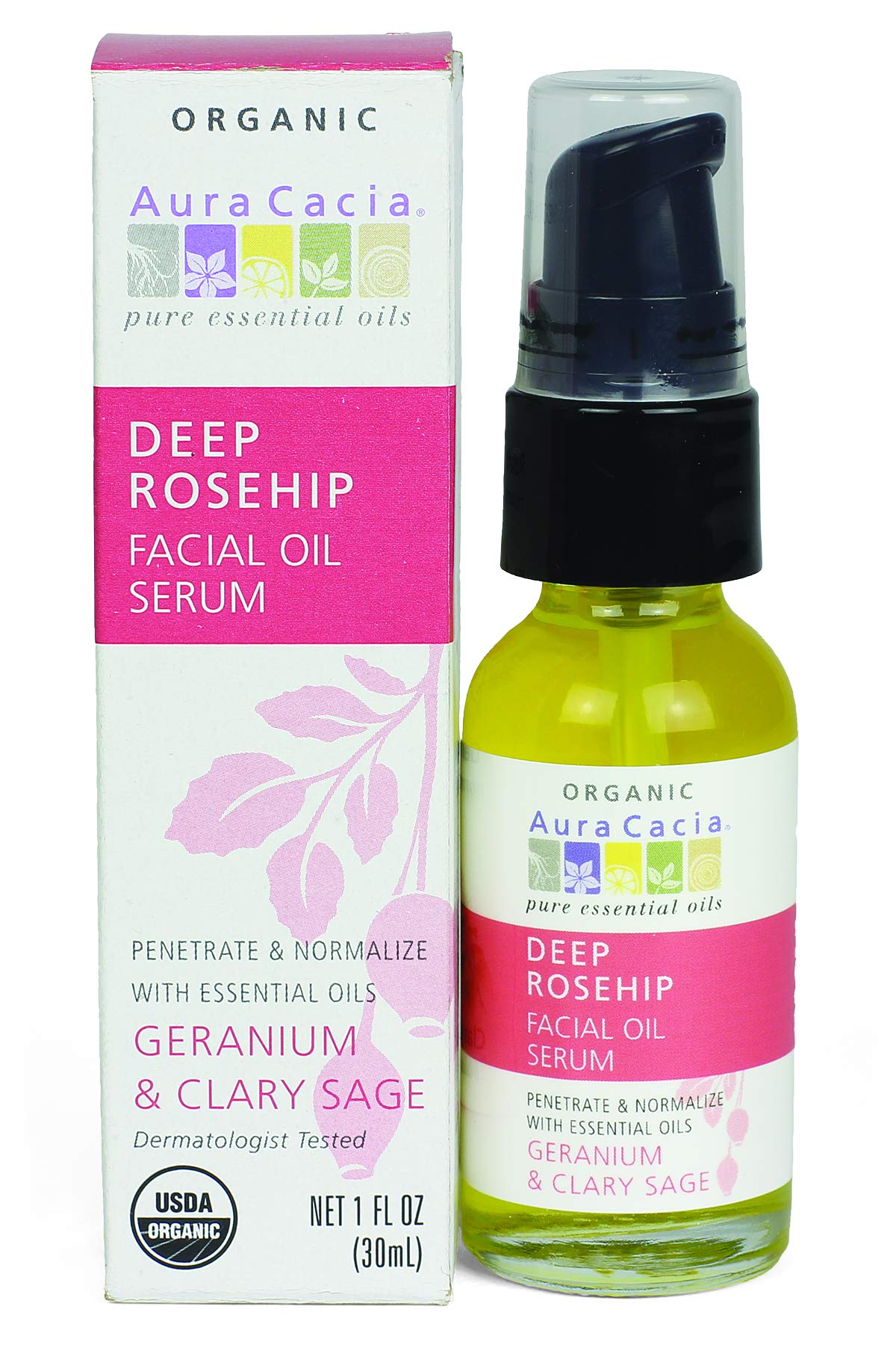 Aura Cacia Deep Rosehip Serum bottle shows organic formula for daily hydration
