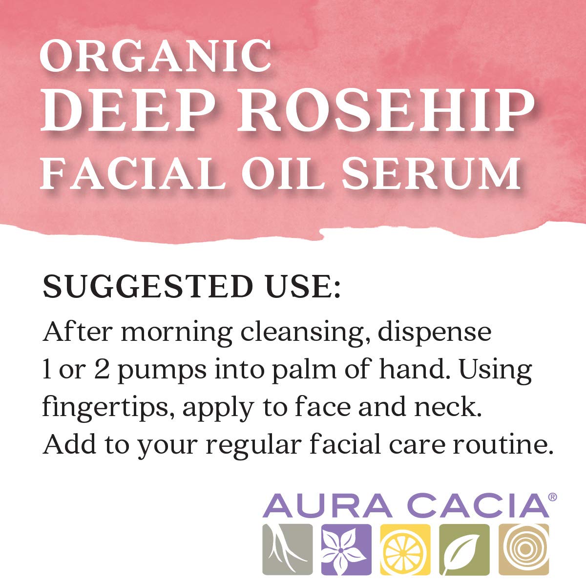 Aura Cacia Deep Rosehip Serum drops on hand ready for application after cleansing