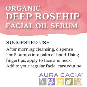 Aura Cacia Deep Rosehip Serum drops on hand ready for application after cleansing