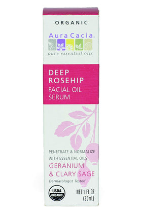 Aura Cacia Deep Rosehip Serum label closeup highlighting organic, synthetic-free formula