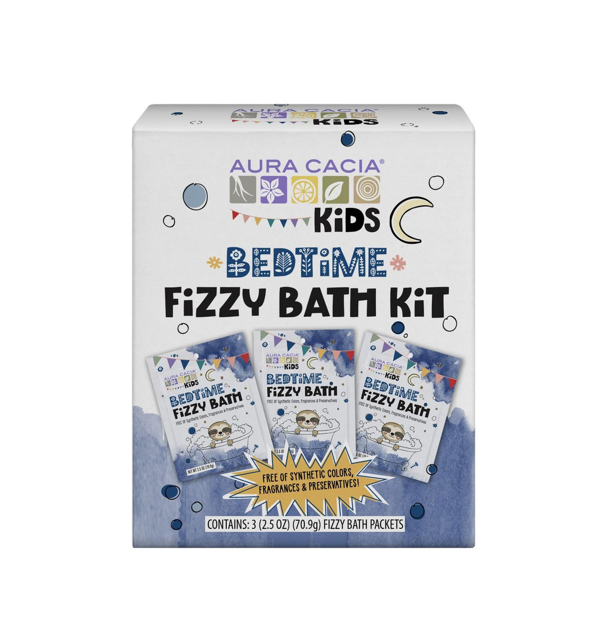 Aura Cacia Kids Bedtime Fizzy Bath Kit unboxing showcases a playful setup for a calming bedtime routine