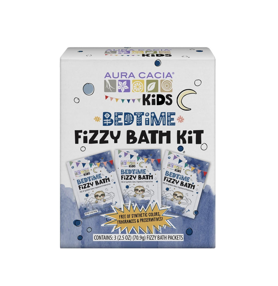 Aura Cacia Kids Bedtime Fizzy Bath Kit unboxing showcases a playful setup for a calming bedtime routine