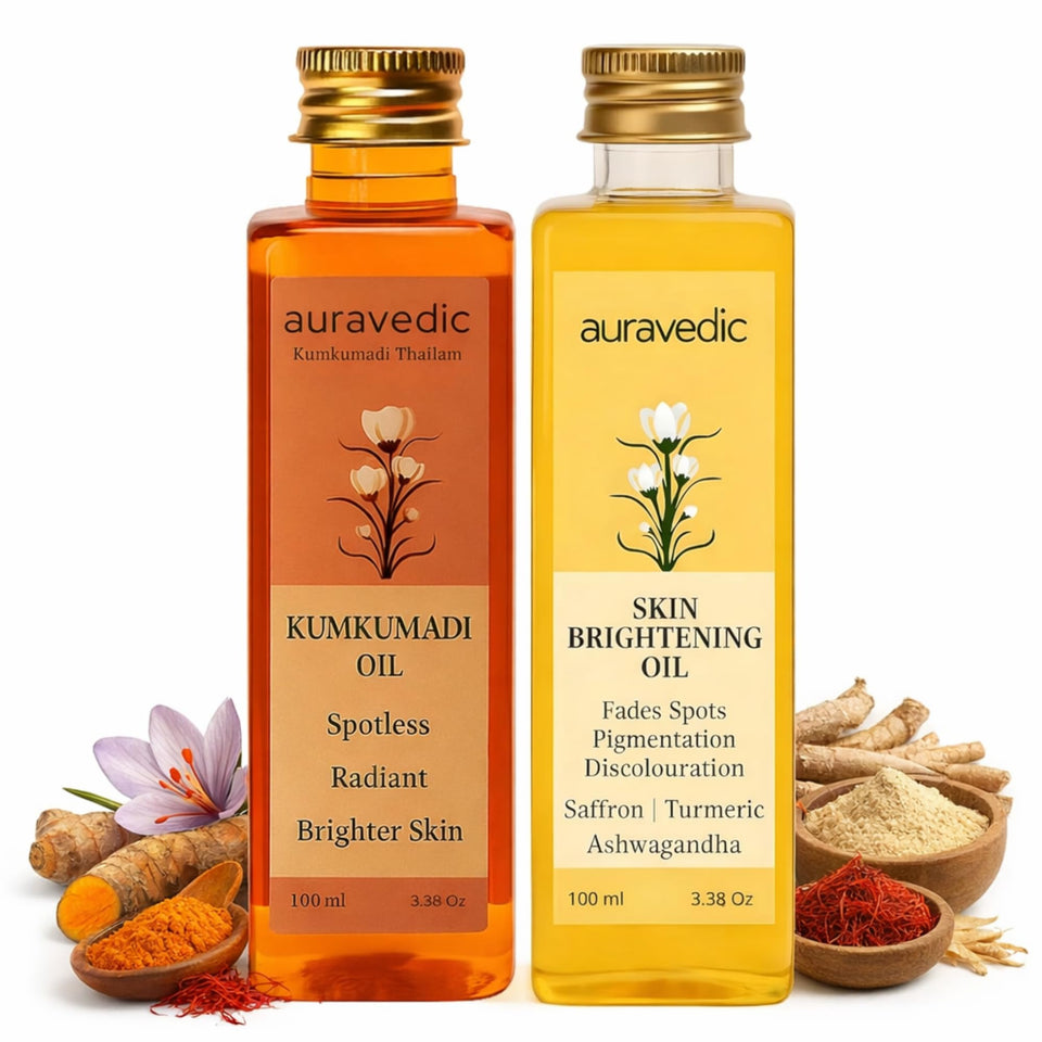 Auravedic Kumkumadi Oil and Skin Oil Combo bottle front for daily radiant skin.