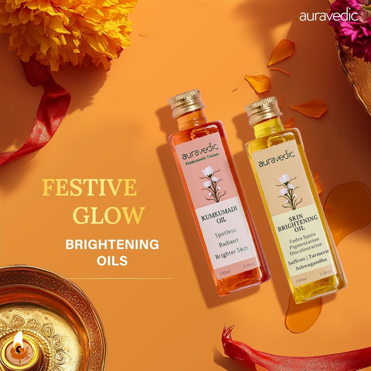 Auravedic Kumkumadi Oil and Skin Oil Combo bottle side highlights premium ingredients.