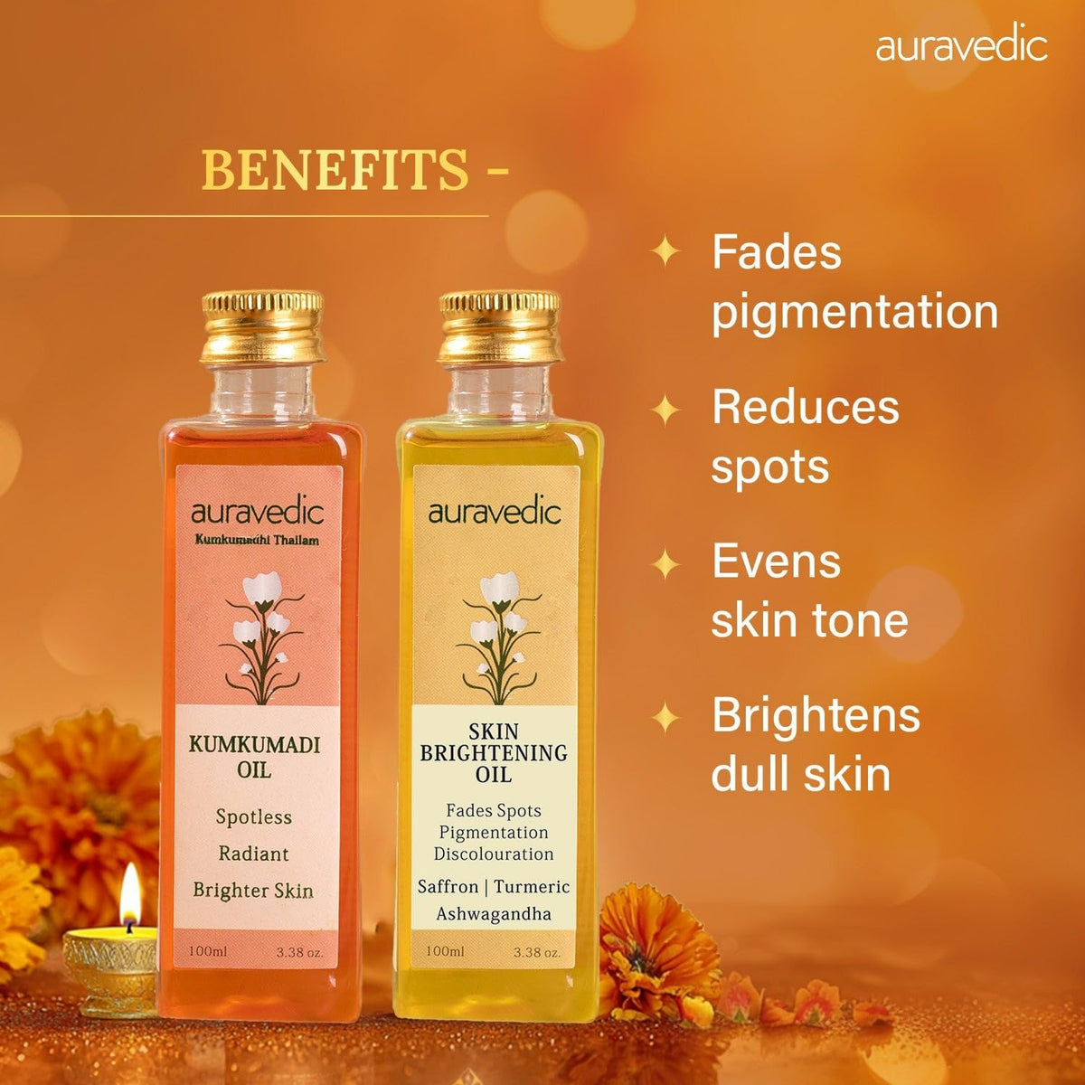 Auravedic Kumkumadi Oil and Skin Oil Combo ingredients panel features saffron and turmeric.