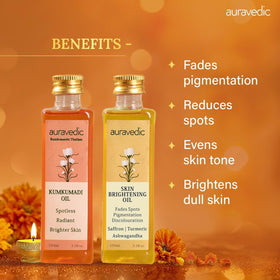 Auravedic Kumkumadi Oil and Skin Oil Combo ingredients panel features saffron and turmeric.