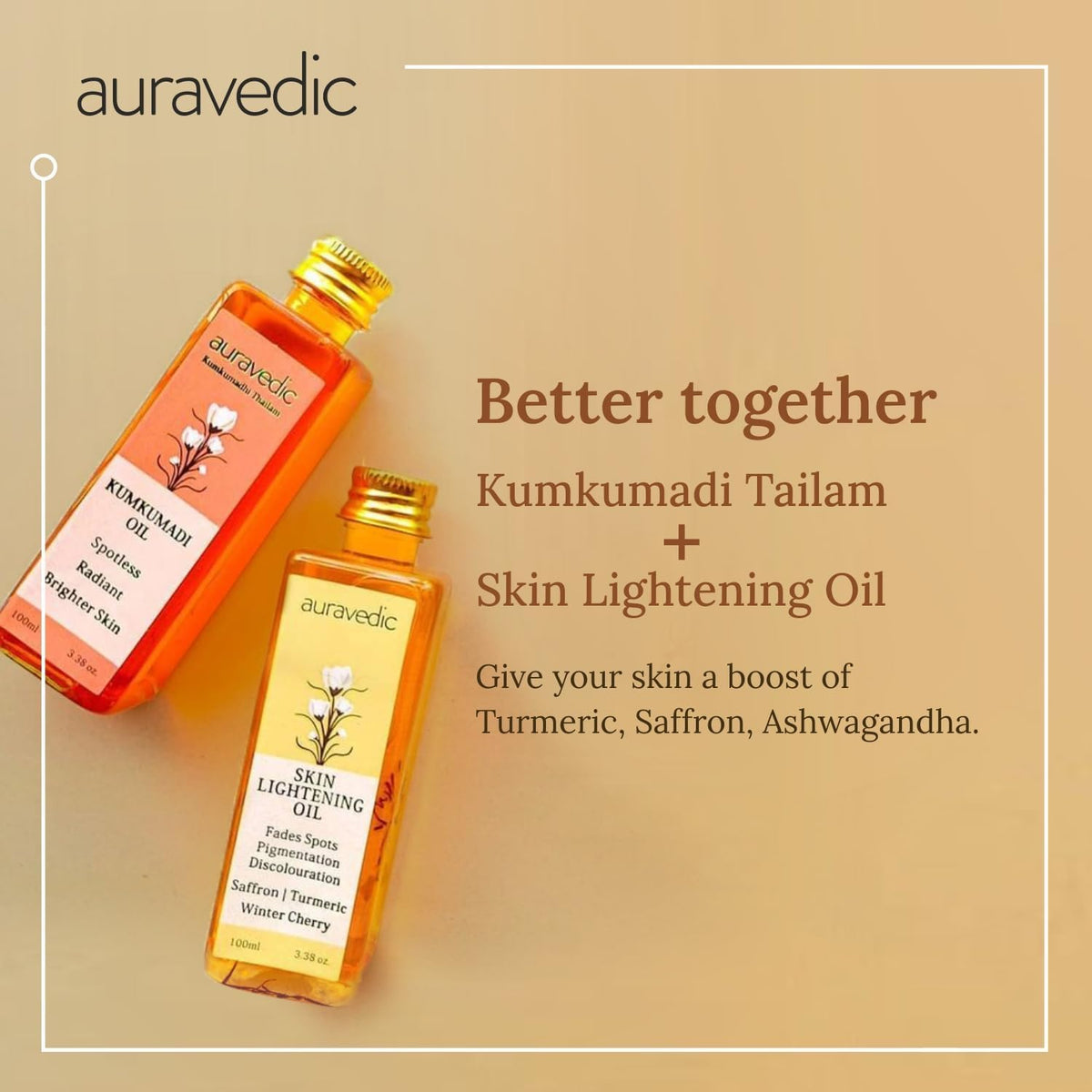 Auravedic Kumkumadi Oil and Skin Oil Combo packaging emphasizes clean, plant-based formula.