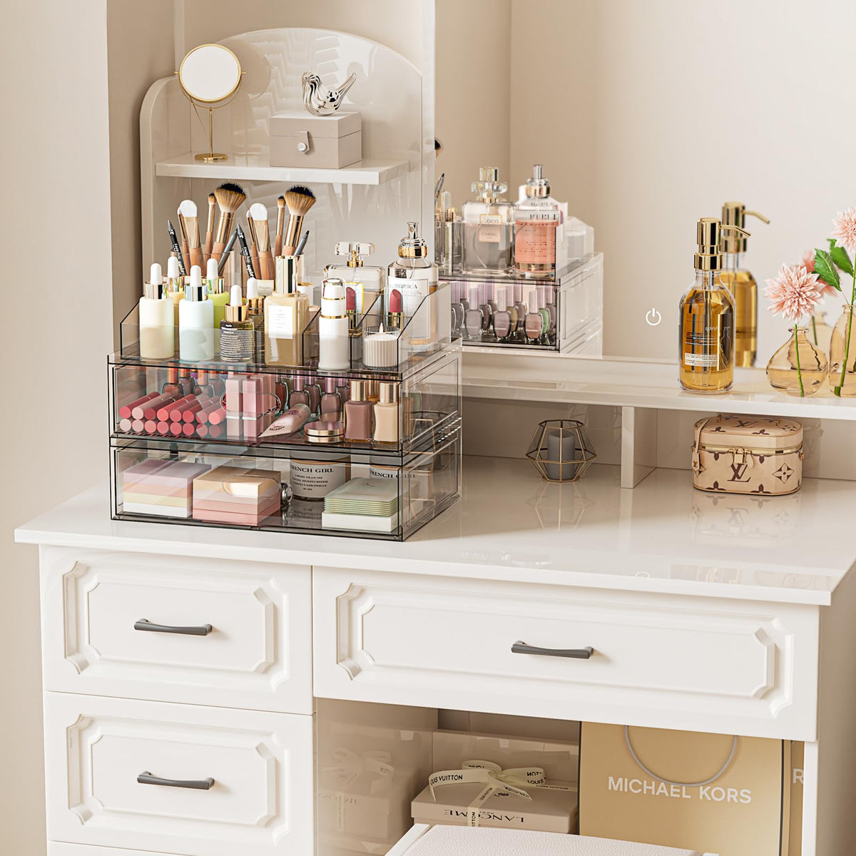 Aurblozen 12-inch acrylic storage drawer keeping lipsticks and perfumes neatly visible.