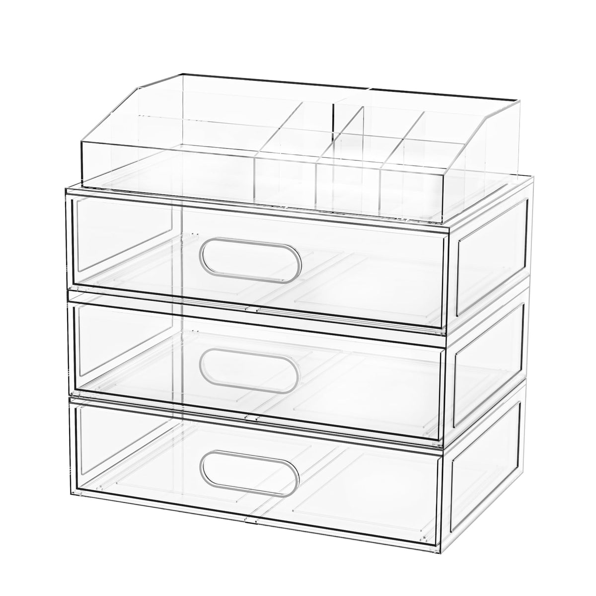 Aurblozen clear stackable makeup organizer with drawer; easy access and dust-free storage.