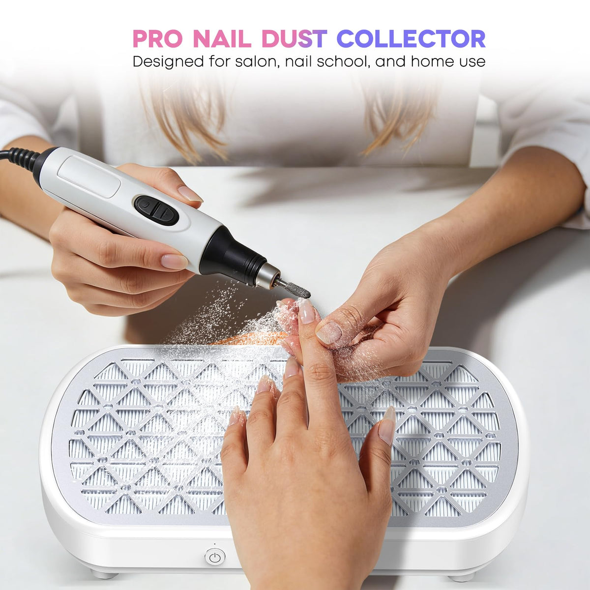 AURELLE nail dust collector top view showing dual turbo fans in action.