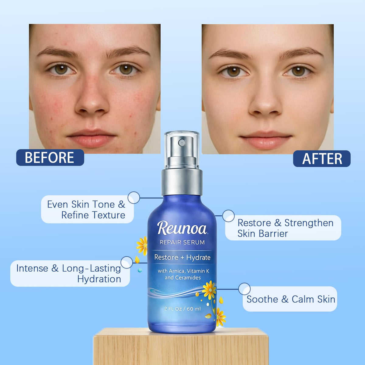 Aureph Reunoa serum application detail showing easy, gentle massage for absorption.